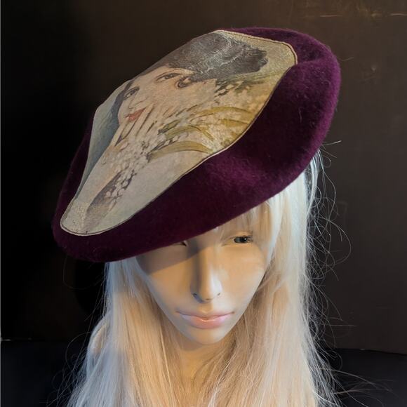 Vintage Importina Genuine Basque Beret – Plum with Art Deco Lady Motif - Picture 2 of 4